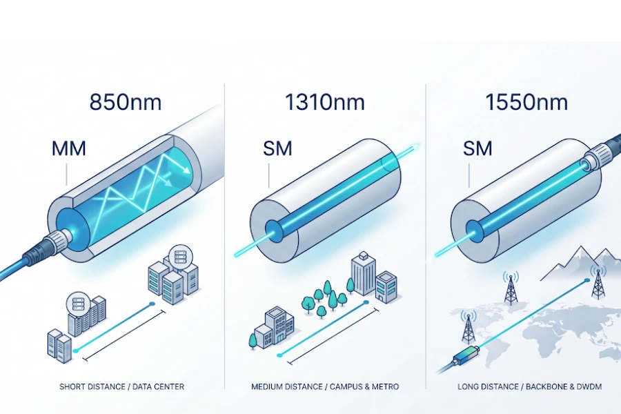 Comparison of 850nm, 1310nm, and 1550nm optical wavelengths for multimode and single-mode fiber links Comparison of 850nm, 1310nm, and 1550nm optical wavelengths for multimode and single-mode fiber links