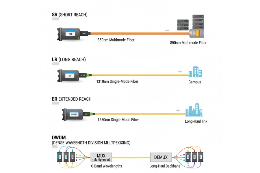 Diagram showing how SR, LR, ER, and DWDM optical modules map to different wavelengths and fiber types Diagram showing how SR, LR, ER, and DWDM optical modules map to different wavelengths and fiber types